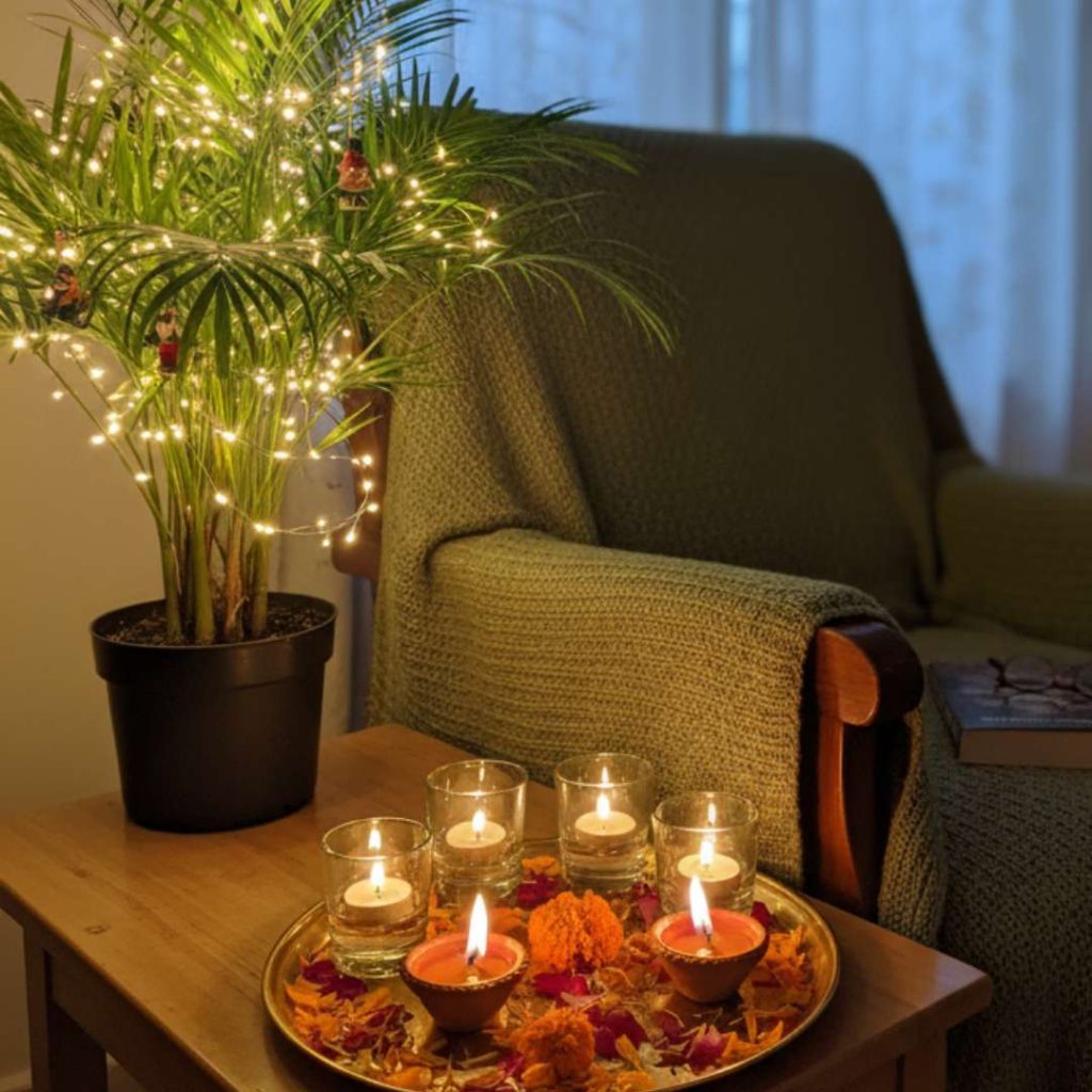 A cozy Diwali corner with a potted palm wrapped in fairy lights and a tray of lit diyas and candles decorated with marigold petals.