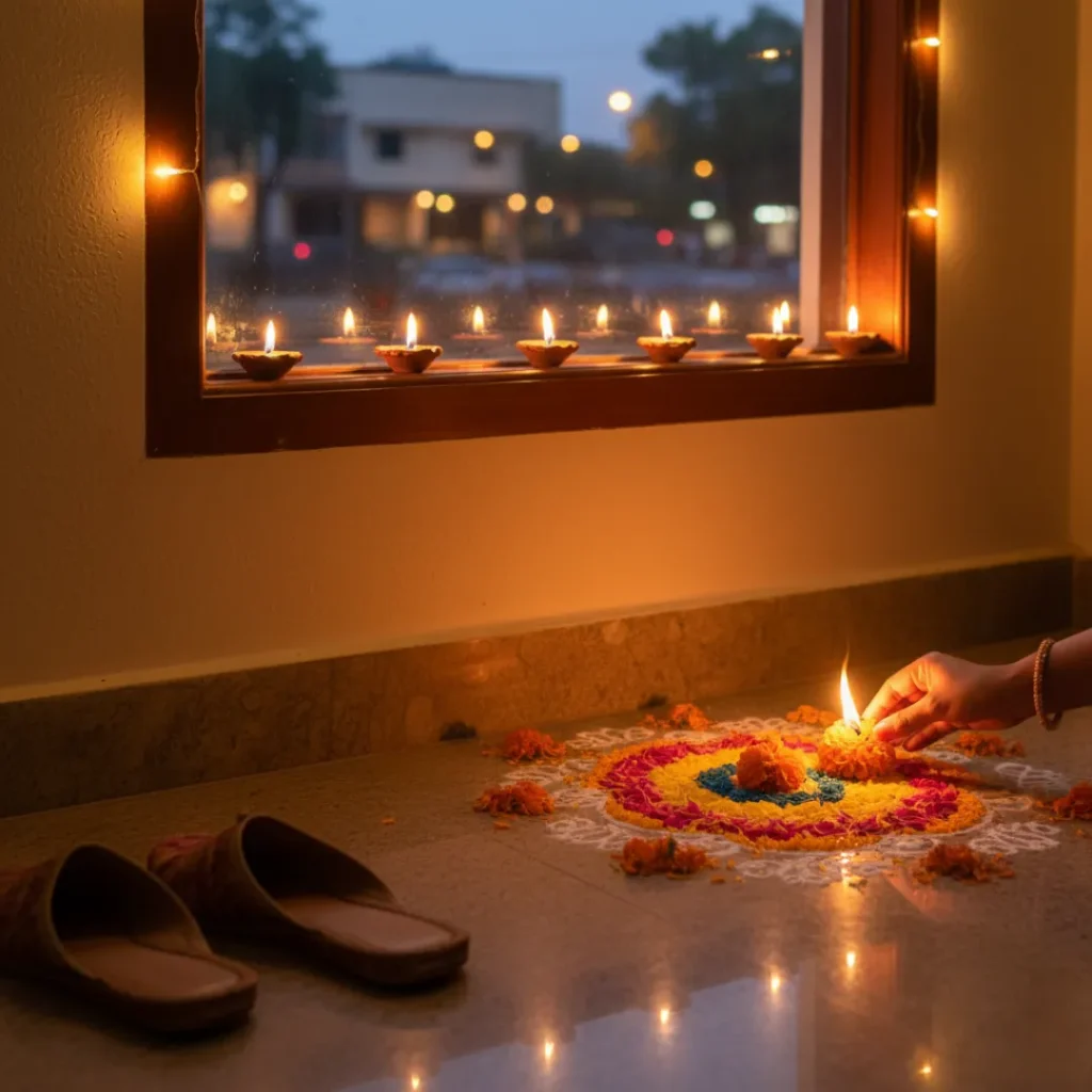 Hand lighting diya near colorful rangoli during Diwali celebration with candles on window ledge at home