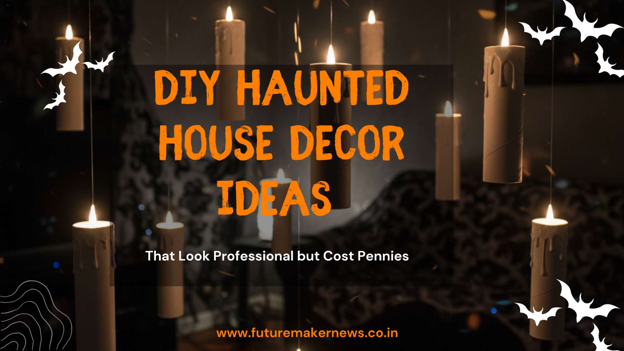 DIY Haunted House Decor Ideas – floating candles with eerie lighting, spooky bats, and dark ambiance, perfect for budget-friendly Halloween home decorating.