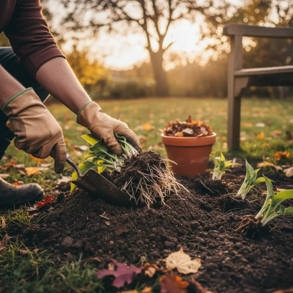 Gardener planting bulbs in soil during October afternoon, preparing the garden for winter.