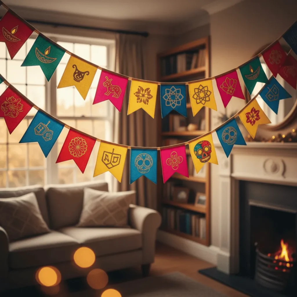 “Colorful festive banner hanging in a cozy living room decorated for Diwali and global celebrations at home”