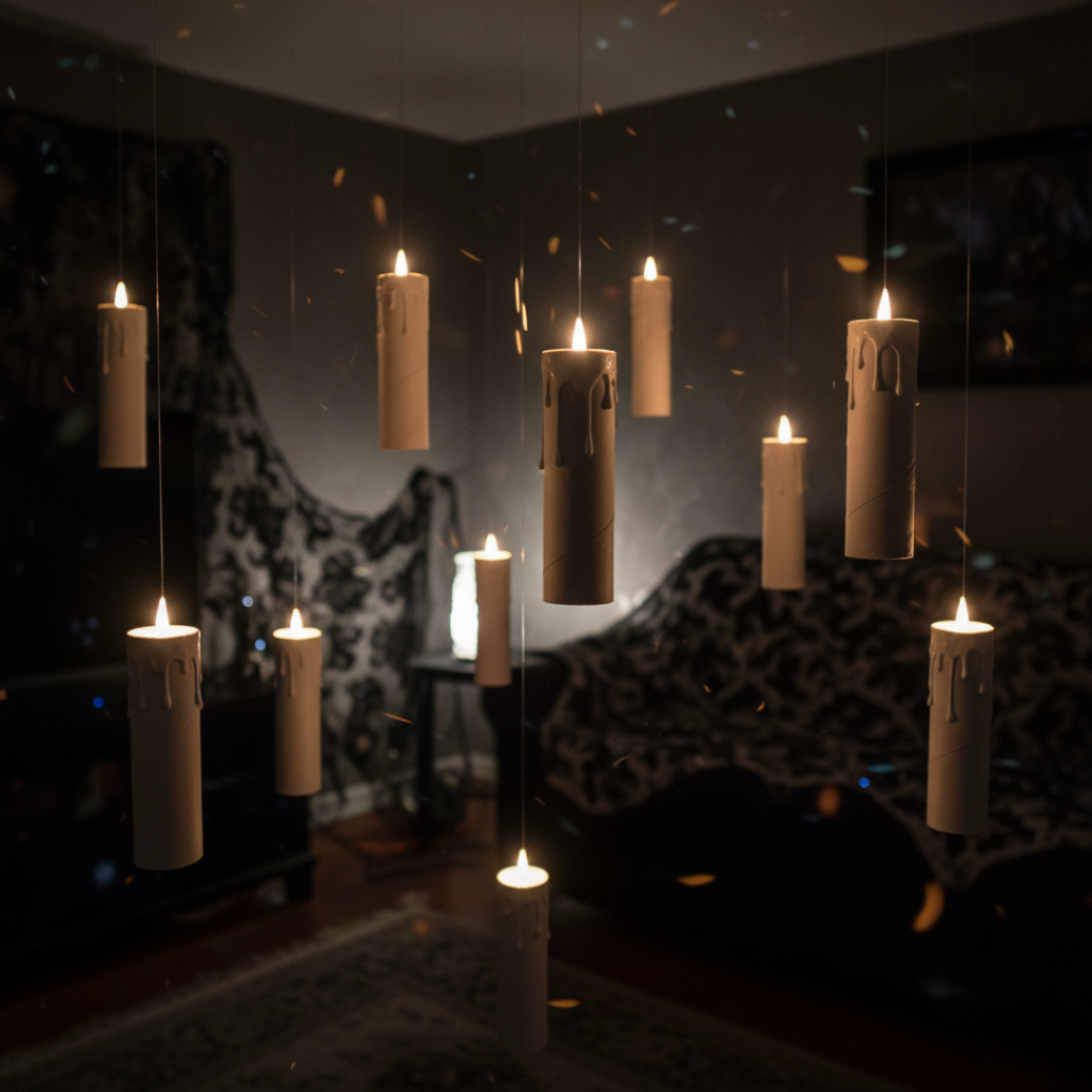 Floating DIY Halloween candles made from paper tubes with LED lights, creating a magical haunted house vibe.