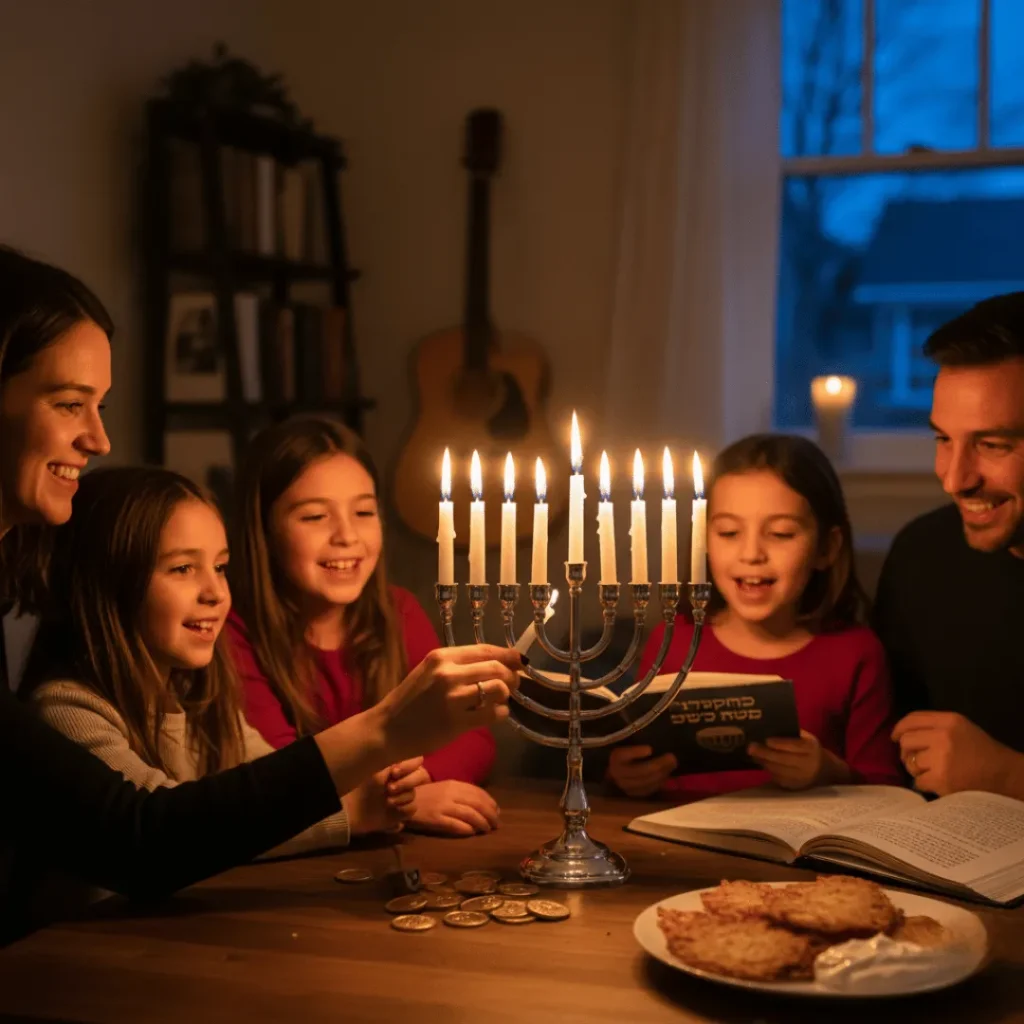 Family lighting Hanukkah menorah together at home, celebrating the festival with candles, latkes, and joy