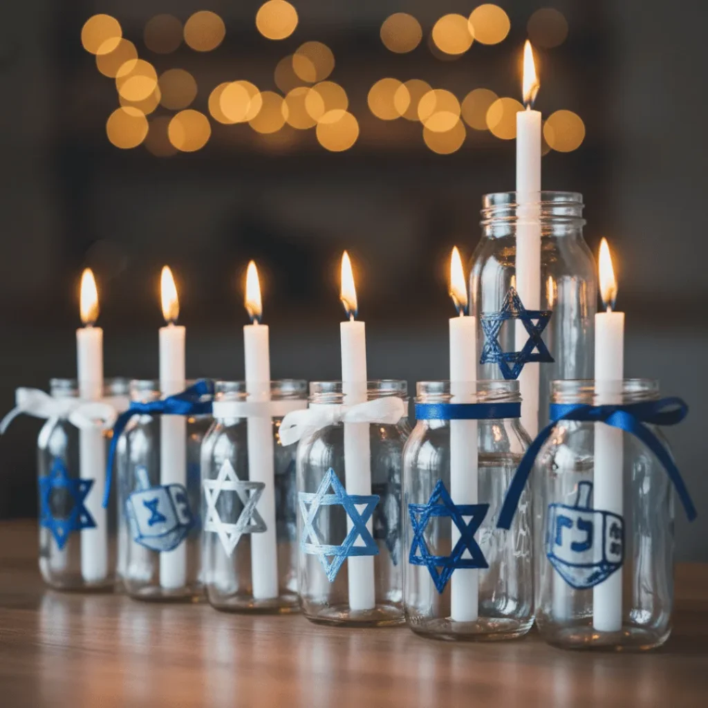 DIY Hanukkah menorah made from glass jars with white candles and Star of David decorations for home celebration”