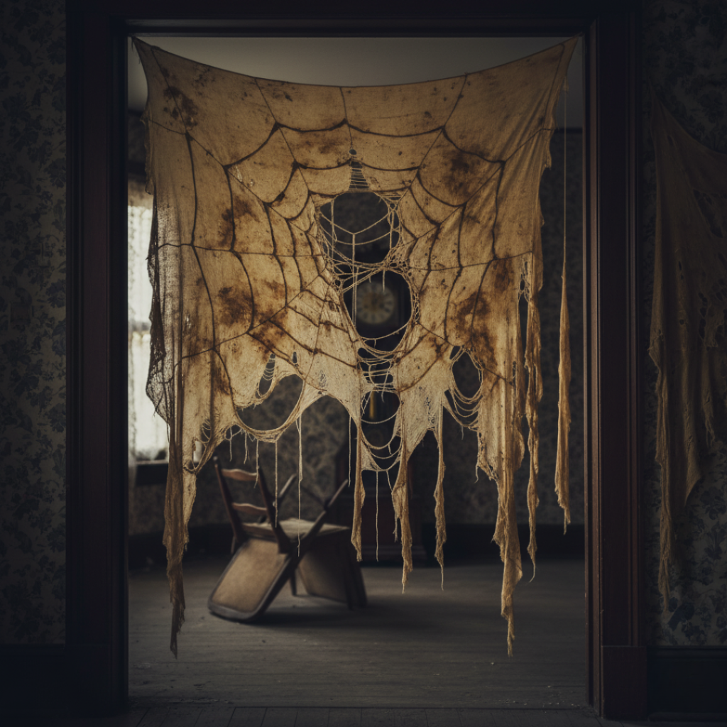 Distressed lace curtain styled as a giant spiderweb, hanging in an old haunted house doorway for spooky DIY Halloween decor