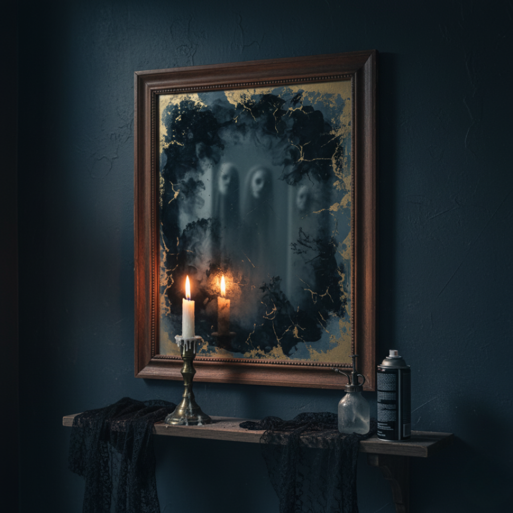 A spooky DIY aged mirror with ghostly reflections, candlelight, and cracked textures, perfect for a haunted house Halloween decor project.