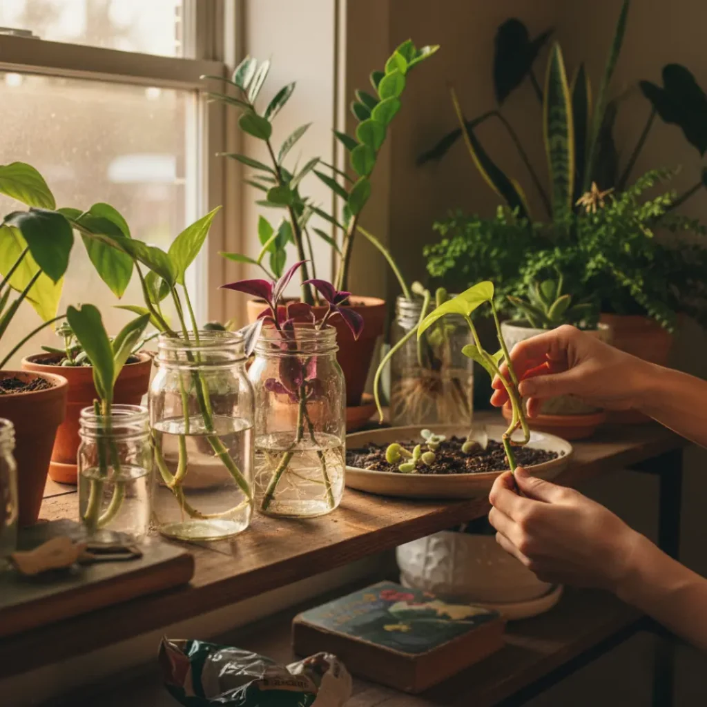 “Person propagating houseplants in jars of water by the window during fall — part of indoor plant projects for autumn.”