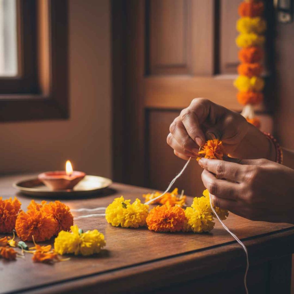 Hands stringing fresh orange and yellow marigold flowers into a garland for Diwali decoration.