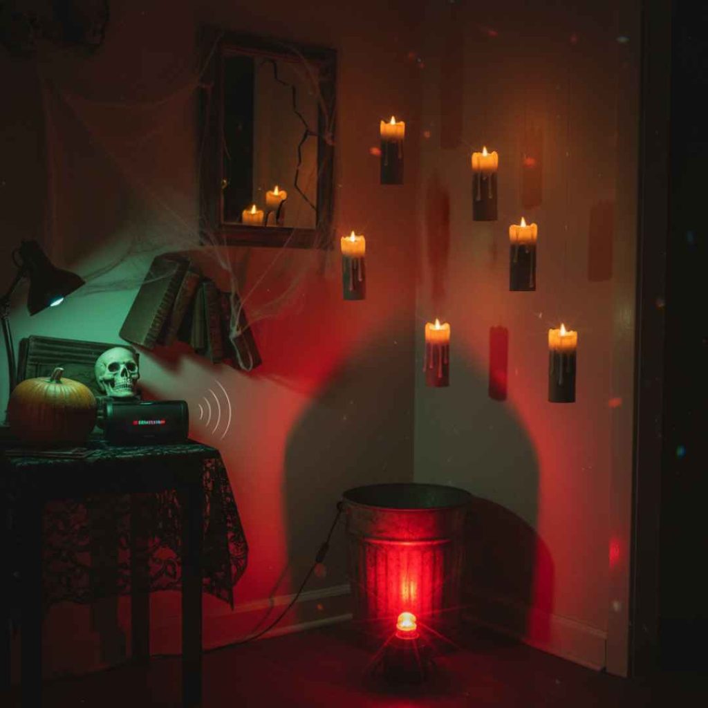 A spooky Halloween corner with glowing candles, eerie red and green lights, a skull, pumpkin, and music speaker creating a chilling atmosphere.