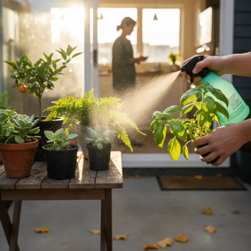 Person misting potted plants on a wooden table outdoors during October sunlight as part of indoor plant care before winter.