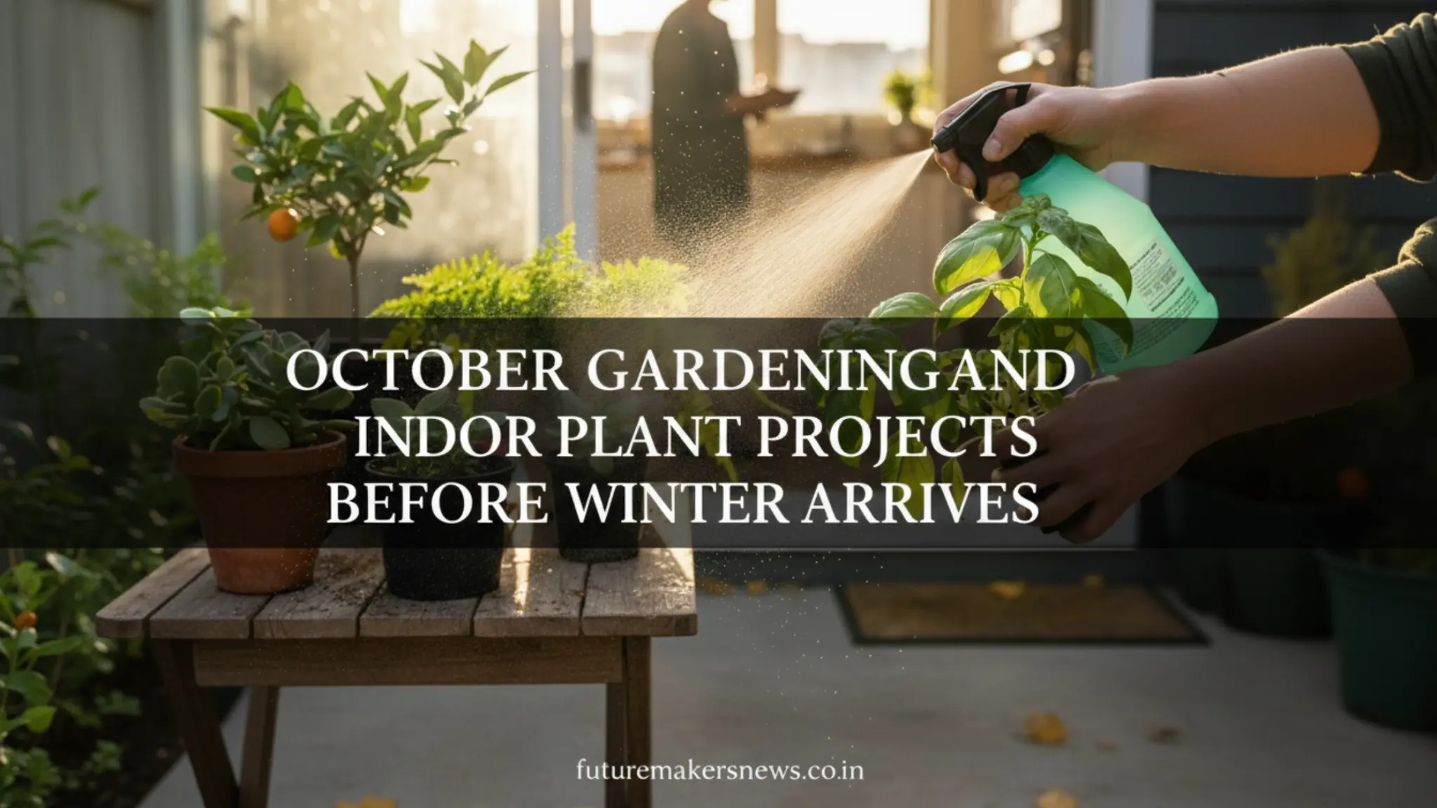 Person misting potted plants on a wooden table during a sunny October afternoon — banner for October Gardening and Indoor Plant Projects Before Winter Arrives.”