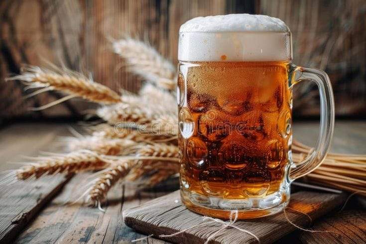 Traditional Märzen beer served in a frosty stein with wheat stalks in the background – a classic Oktoberfest favorite.”
