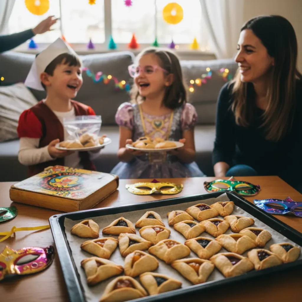 Children and family celebrating Purim with Hamantaschen cookies, colorful masks, and festive decorations at home