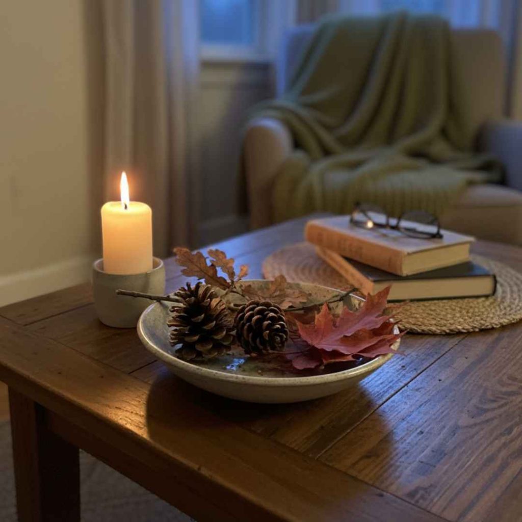 A cozy fall home scene with a lit candle, pinecones, and autumn leaves on a wooden coffee table beside books and a blanket-covered chair.