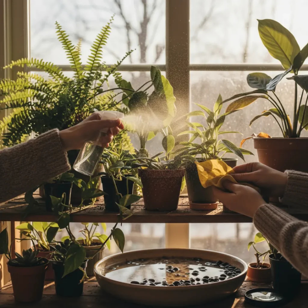 Hands misting and cleaning houseplants by a sunny window as part of winter houseplant care routine