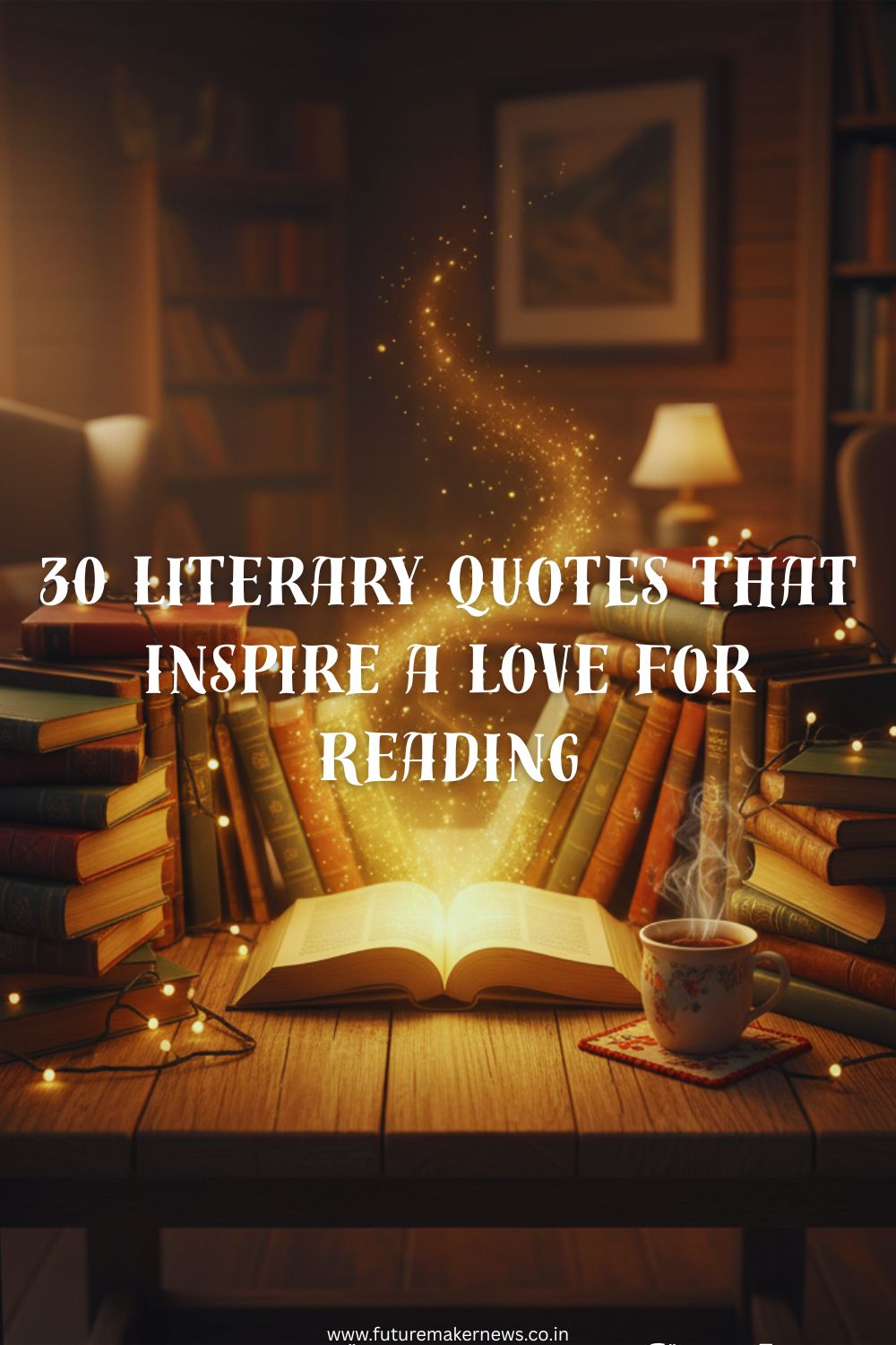 “Cozy reading corner with glowing open book, vintage novels, and warm fairy lights symbolizing the magic of reading and literature.”