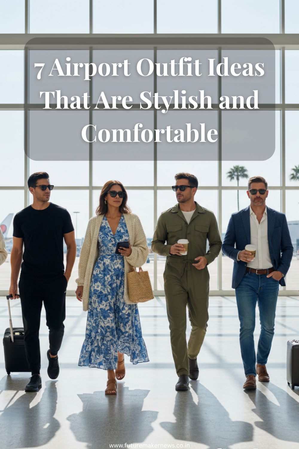 A group of stylish travelers at an airport, each wearing a different chic and comfortable travel outfit including sweat sets, leggings, maxi dresses, jumpsuits, jeans, and monochrome looks.