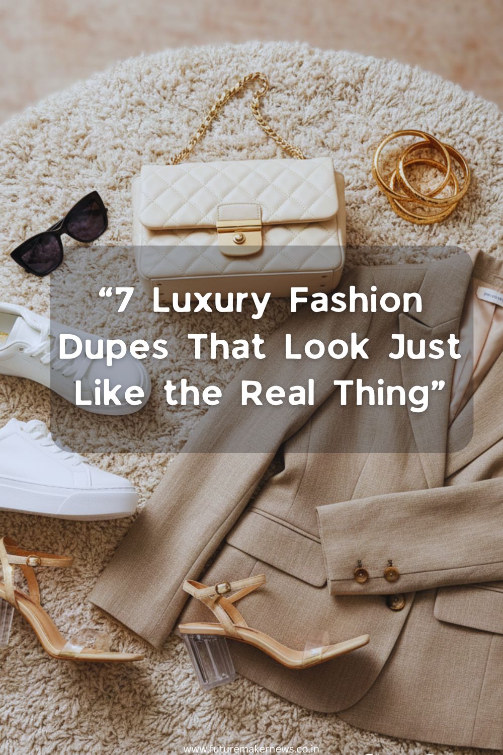 “Flat-lay of luxury-inspired fashion dupes including a quilted handbag, white sneakers, cat-eye sunglasses, gold bangles, structured blazer, and clear heels on a neutral background.”