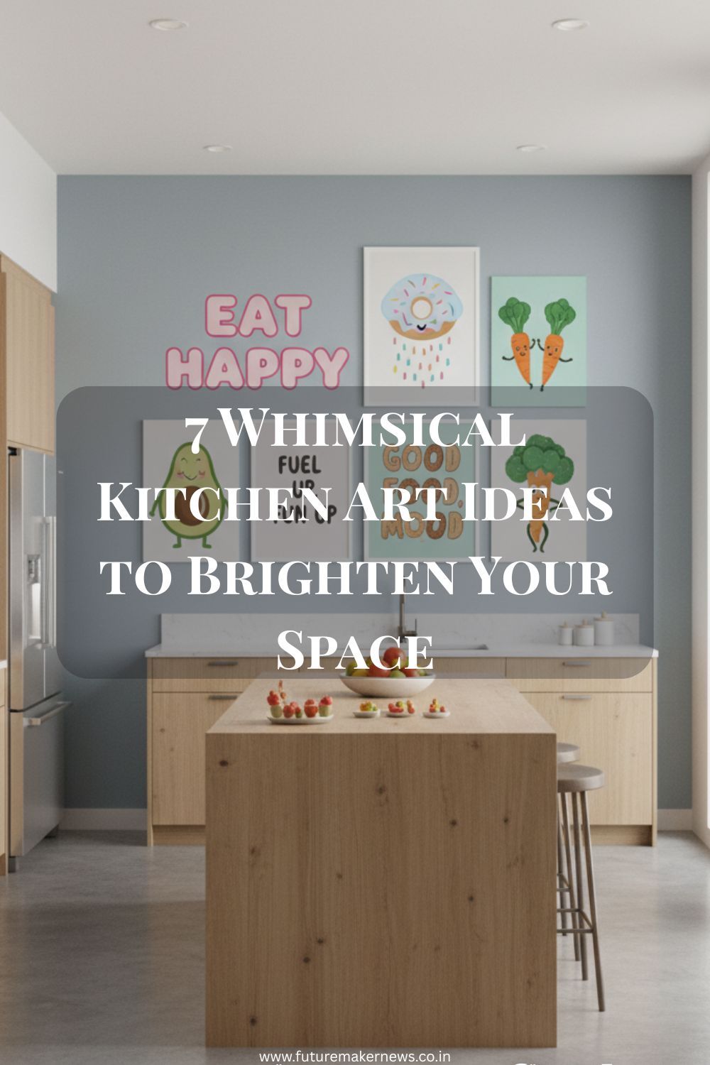 “Bright modern kitchen with whimsical food art prints and fun typography on the walls.”