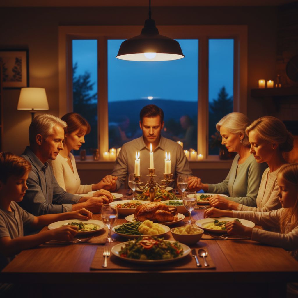 Family sharing a meal, radiating love and gratitude.