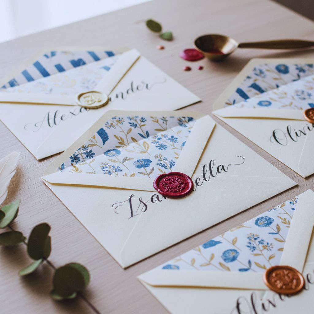 Decorated envelopes with wax seals and hand-lettered names on a wooden surface.