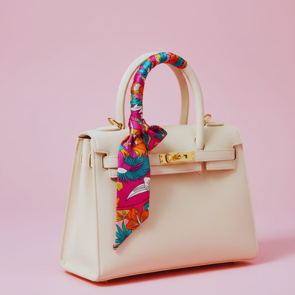 “Handbag handle wrapped with a stylish silk scarf or twilly to give a designer-inspired look.”