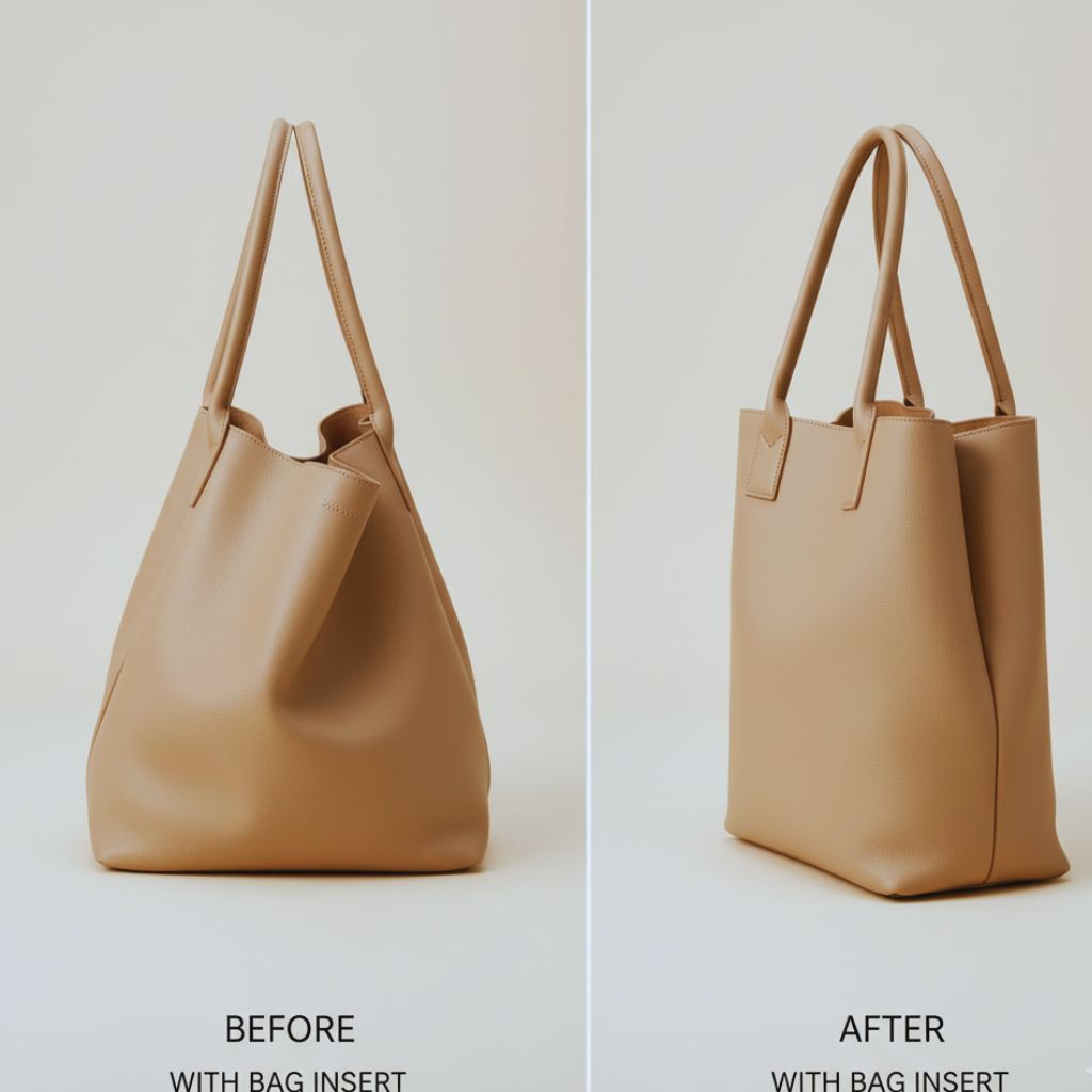 “Comparison showing a sagging handbag versus a structured handbag with a bag insert inside.”