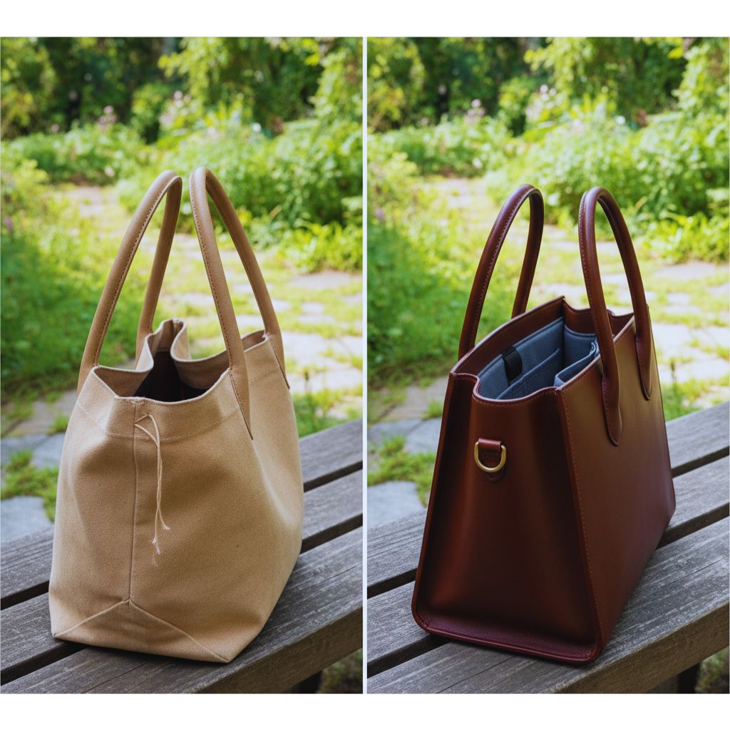 “Comparison of two handbags, one flimsy and the other structured with added weight from an insert.”