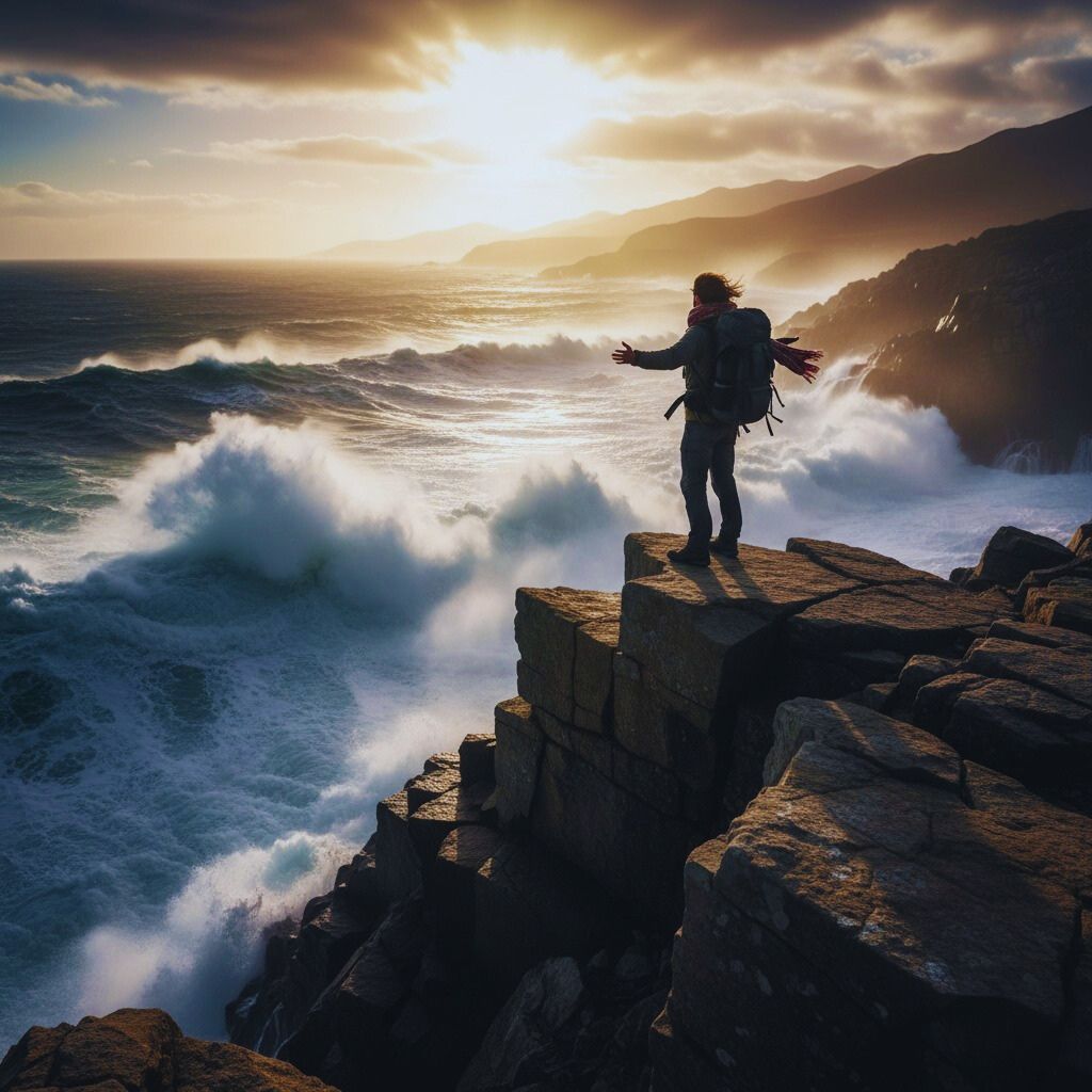 “Traveler standing on cliff overlooking ocean waves, symbolizing courage and adventure.”