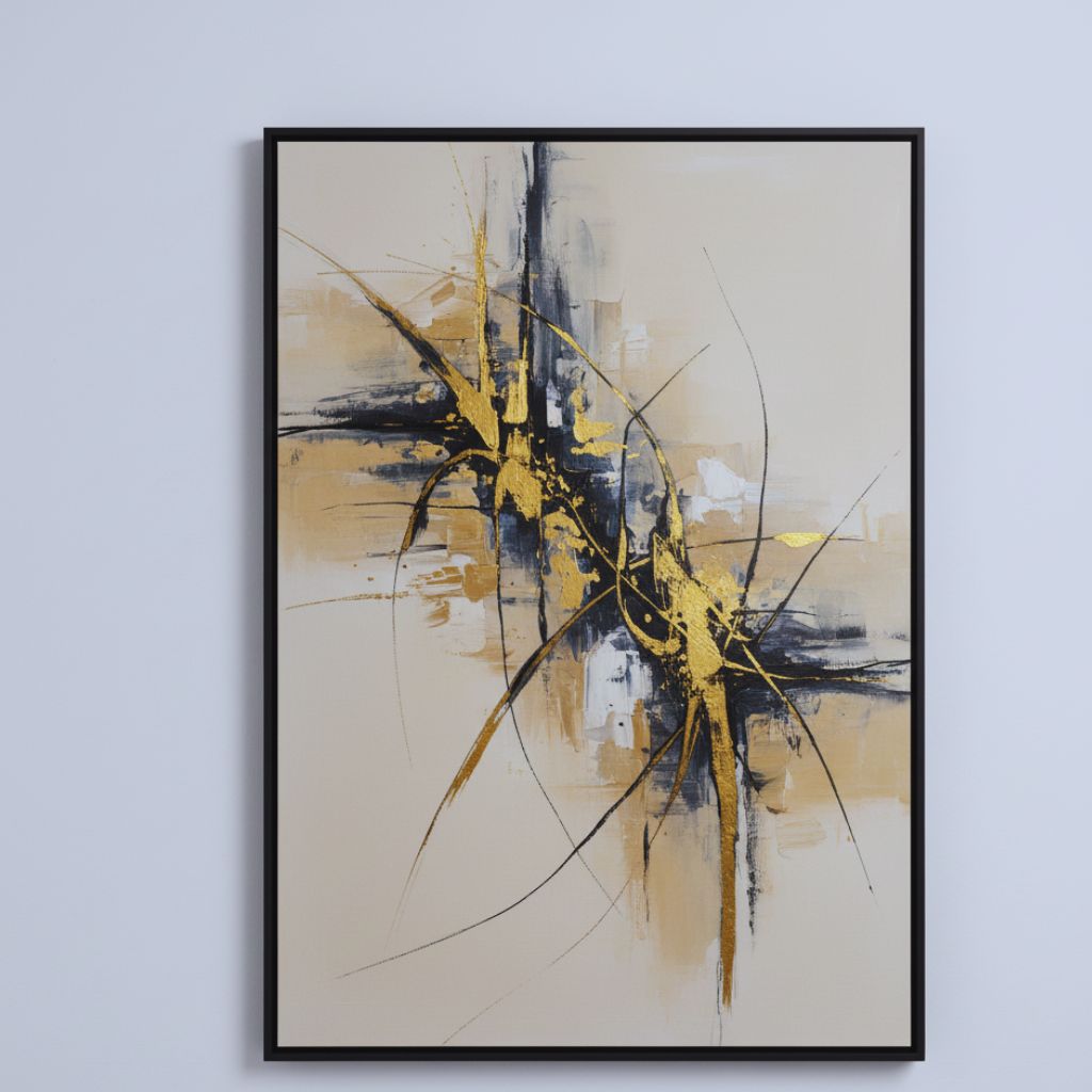 Elegant modern abstract painting with beige, black, and gold tones showing balance and creativity.