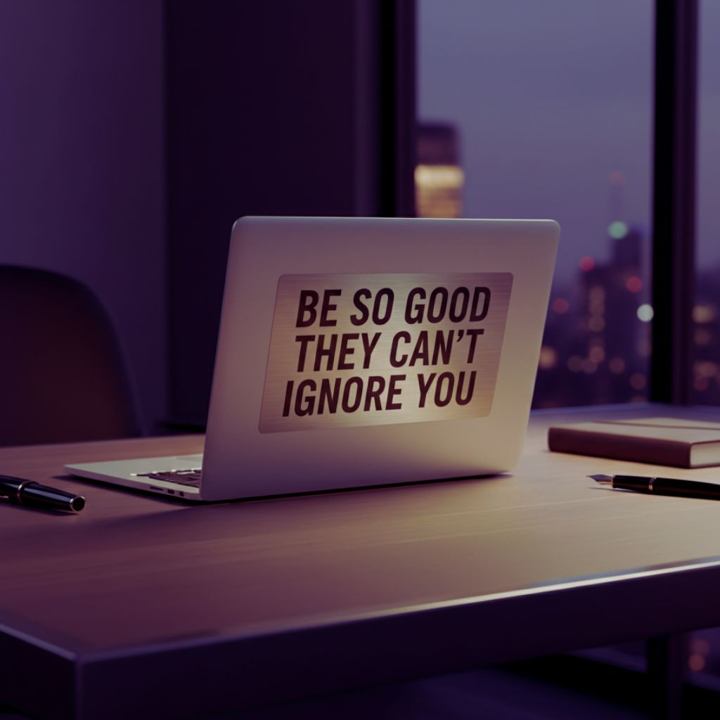 Metallic desk decor with motivational quote “Be So Good They Can’t Ignore You” in a professional workspace.