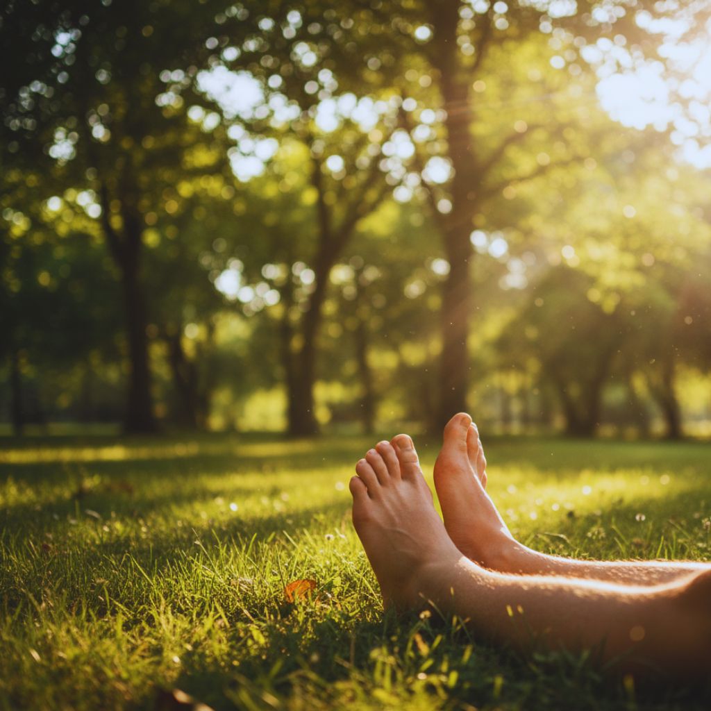 Bare feet on sand with sunlight and quote “Be where your feet are.”
