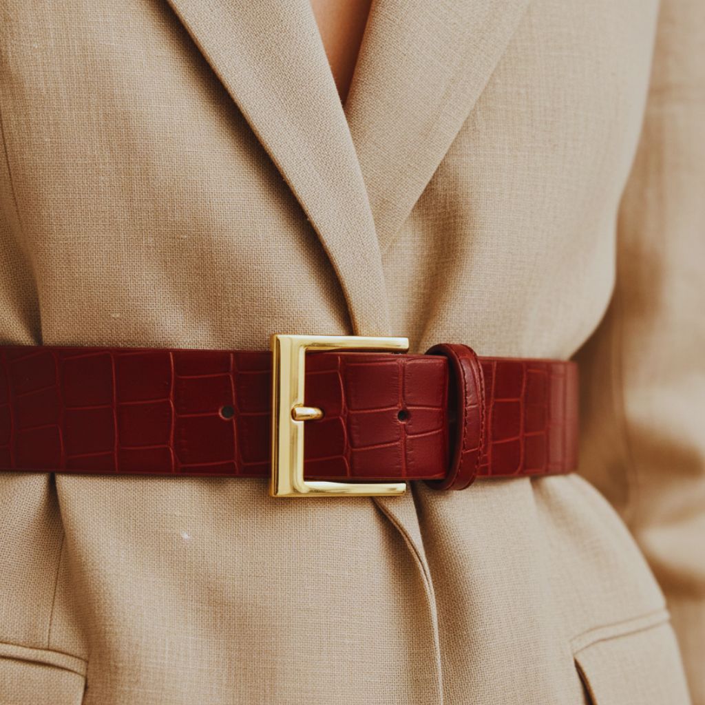 “Berry red belt with gold buckle cinched around a beige coat for a polished fashion look.”