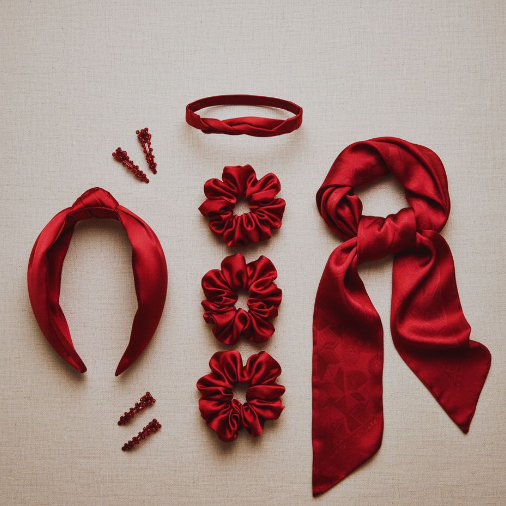 “Flat-lay of berry red scrunchies, scarves, and headbands arranged aesthetically.”