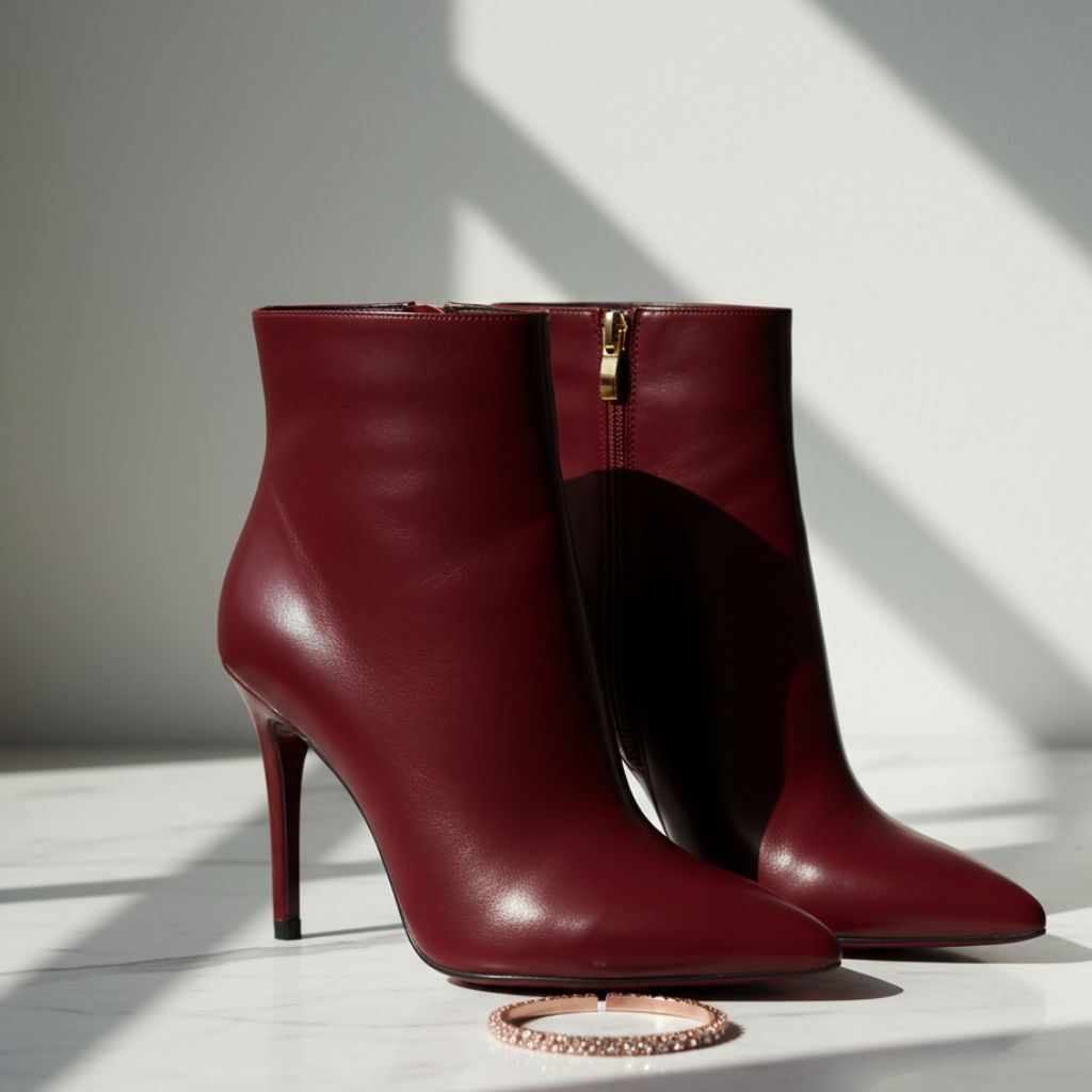 “Berry red high heels or ankle boots styled elegantly on a white background.”