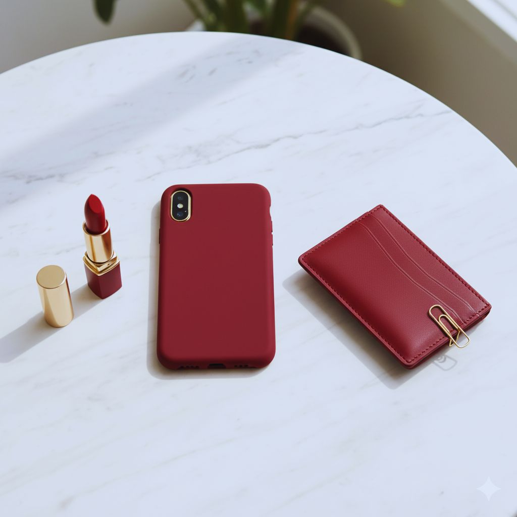 “Berry red phone case styled with matching accessories on a clean white surface.”