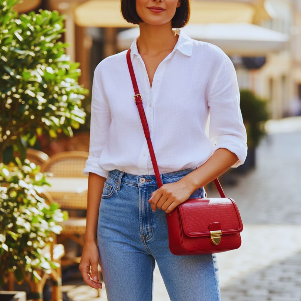 “Berry red crossbody bag styled with casual outfit for a minimalist and modern look.”