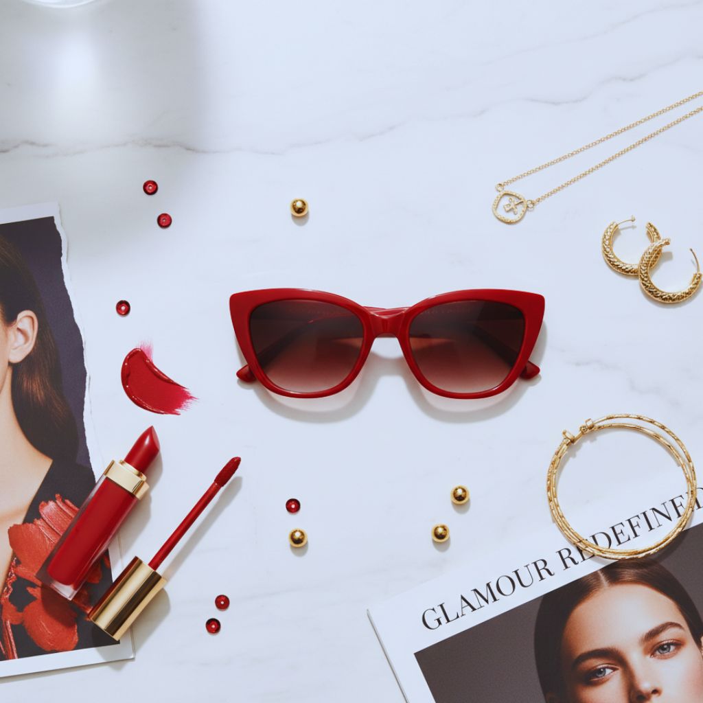 “Flat-lay of berry red sunglasses with fashion accessories on a white background.”