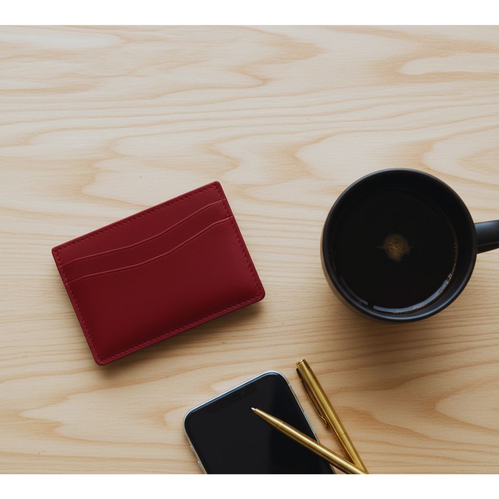 “Berry red wallet styled with everyday essentials on a chic modern surface.”