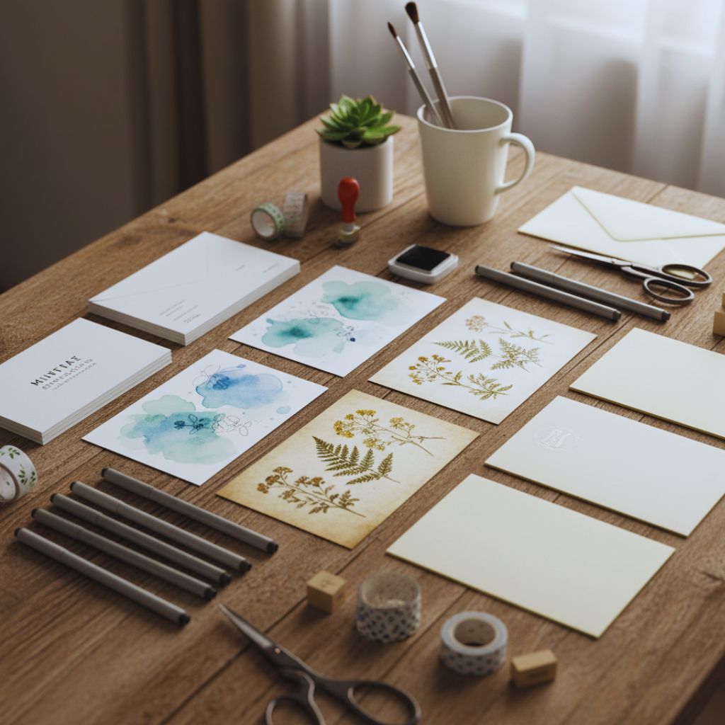 A flat lay of various DIY notecard styles with pens, envelopes, and decorative paper on a wooden table.