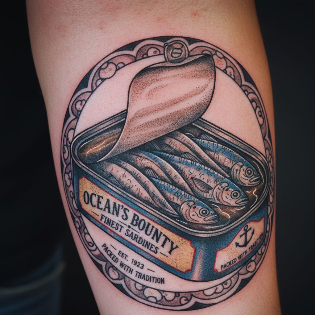“Tattoo of an open sardine tin with retro label and detailed metallic shading.”