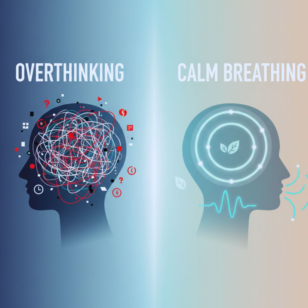 “Illustration comparing tense overthinking with calm breathing practice.”
