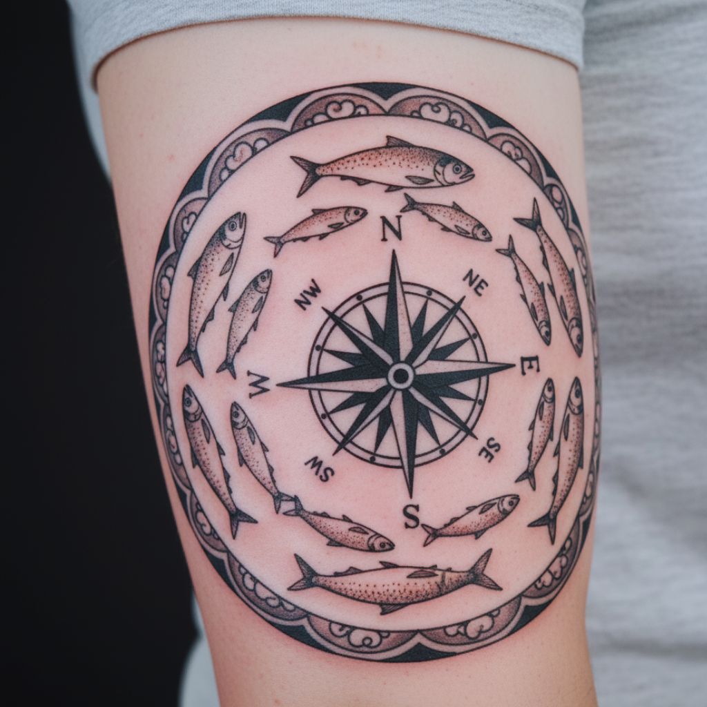 “Compass tattoo design encircled by swimming sardines.”