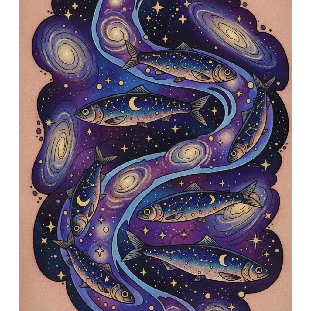 “Tattoo of sardines swimming among stars and planets.”