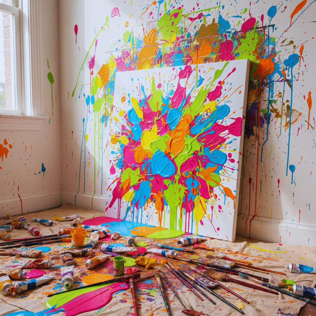 Playful abstract art with splattered paint and creative brushstrokes symbolizing artistic chaos.