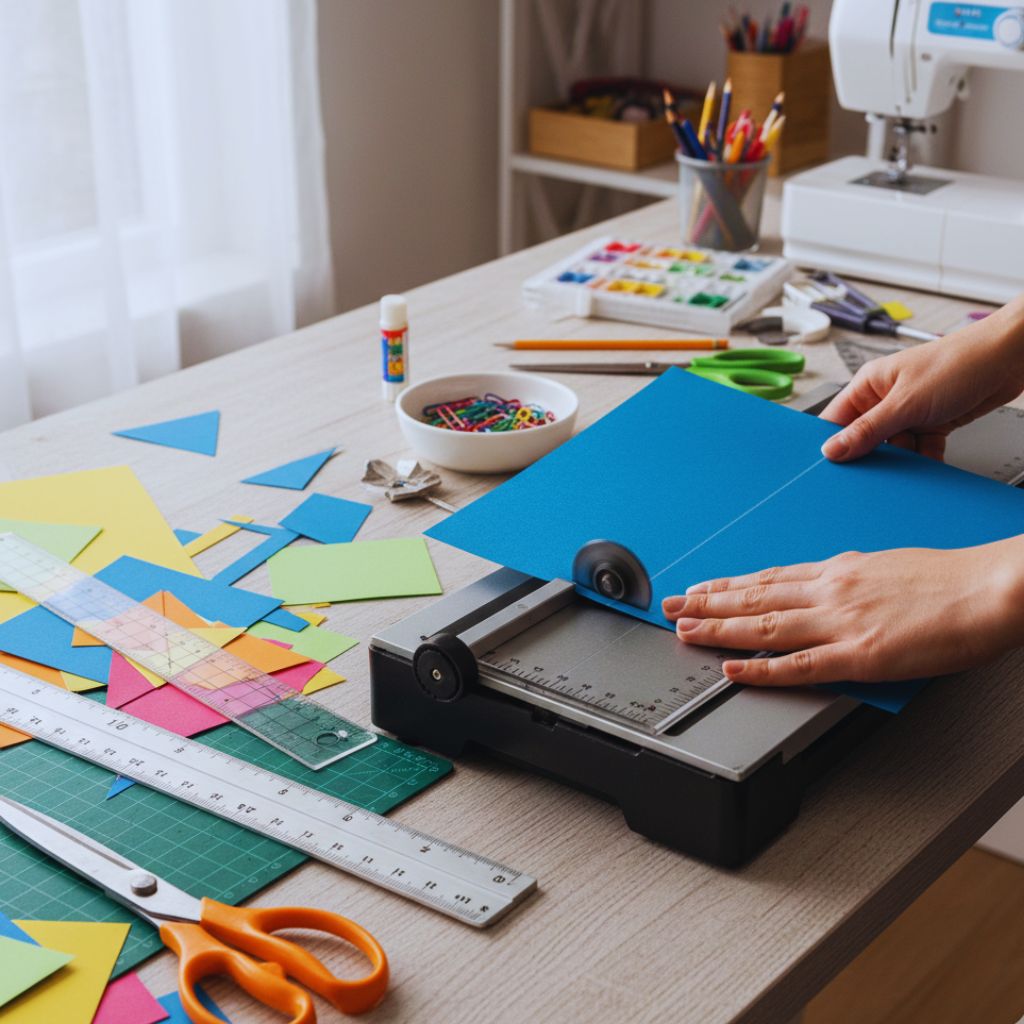 Hands cutting cardstock using a paper trimmer, with rulers and scissors on a craft desk.