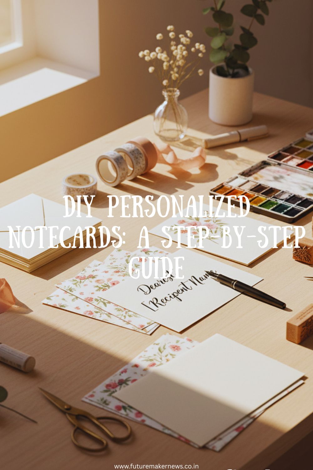 A bright flat lay of a DIY notecard-making workspace with paper, pens, washi tape, and envelopes arranged on a wooden table.