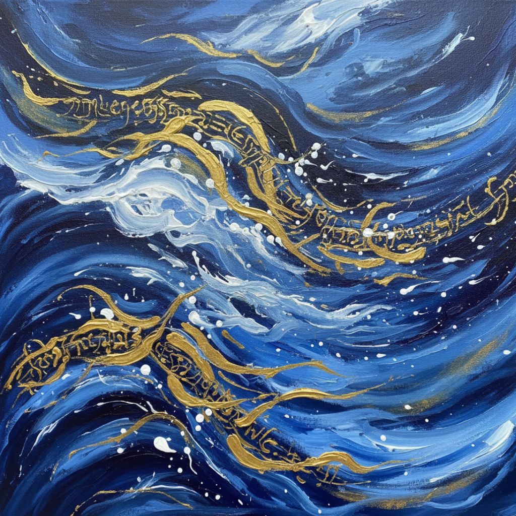 A moody abstract painting with dark blue and gold tones, representing emotion and depth.
