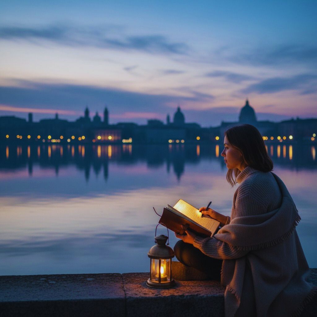 “Traveler journaling by a calm lake at sunset reflecting on travel experiences.”