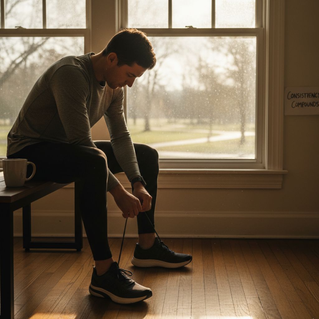 Person tying running shoes at sunrise, representing focus and consistency in fitness.